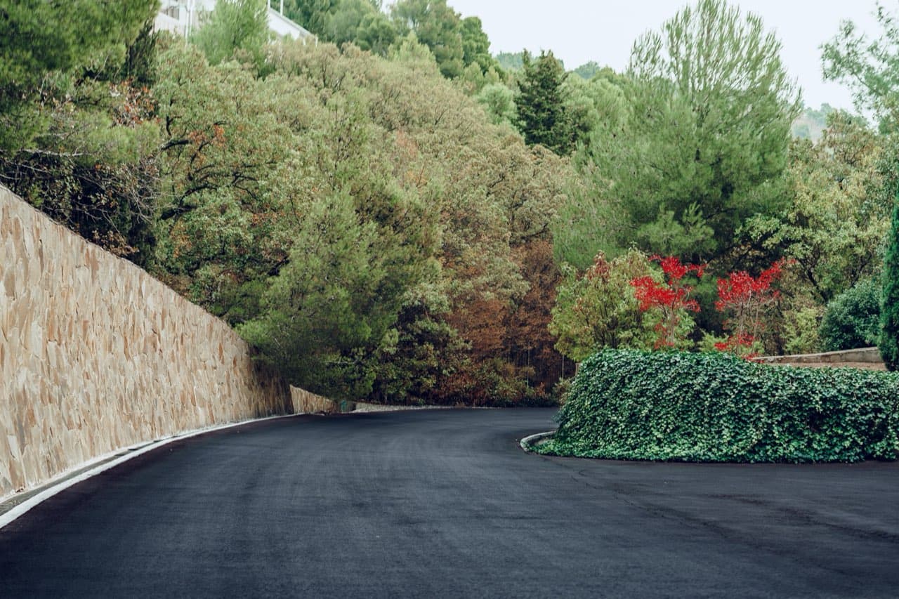 Curved garden walkway bordered by a stone retaining wall